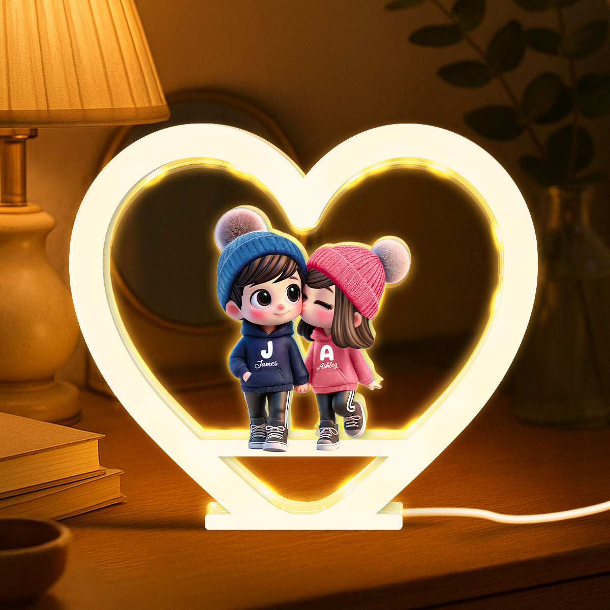 Cute Couple Kissing Heart Shape Personalized Light Box, Anniversary Gift for Him for Her