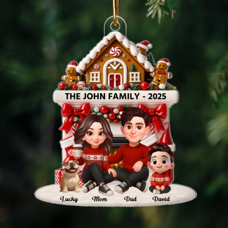 Family Sitting by the Fireplace Personalized Acrylic Ornament - Christmas Gift for Mom, Dad, Children