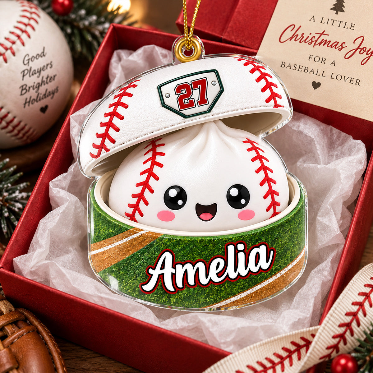 Custom Baseball Dumpling Squishy Style - Personalized Acrylic Ornament - Christmas Gift for Daughter, Son, Grandkids
