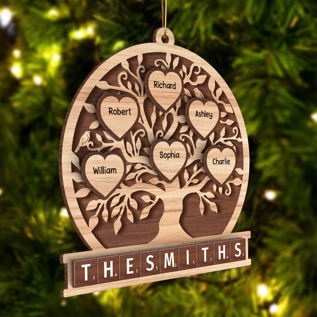 Family Heart Tree Of Life 2-Layered Wooden Ornament, Personalized Family Crossword 2-Layered Wooden Ornament