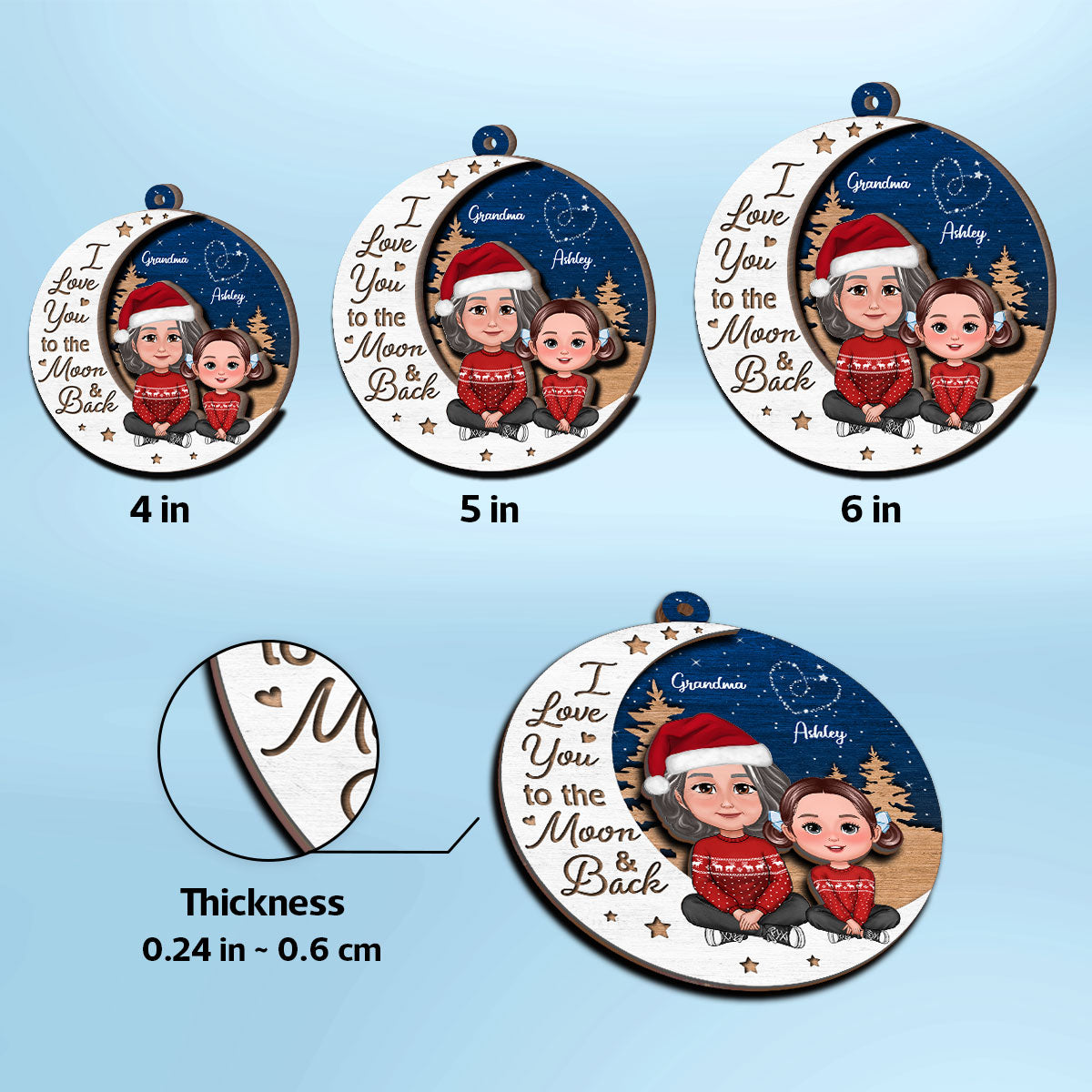 Grandma Grandkid Love You To Moon And Back Christmas Personalized 2-Layer Wooden Ornament