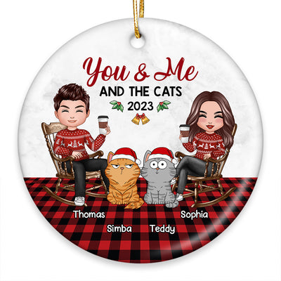 You Me & The Cats Doll Couple Checkered Pattern Personalized Circle Ornament