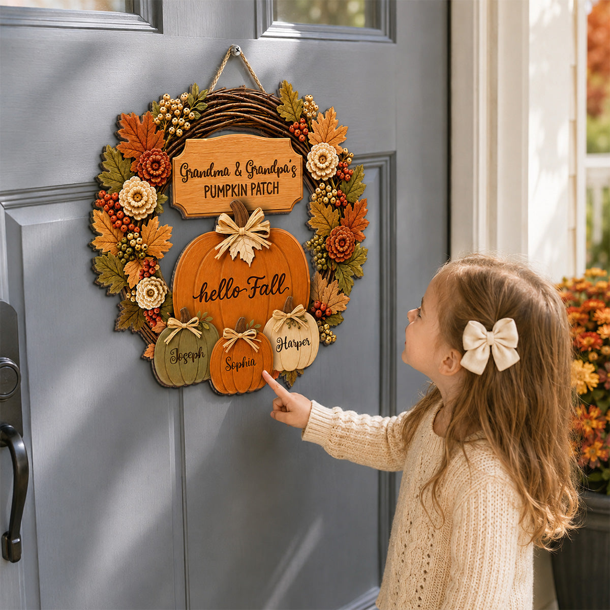 Grandma Grandpa's Pumpkin Patch Wreath Style 2D Flat Printed - Personalized Door Hanger - Fall Season Decor For Grandparents