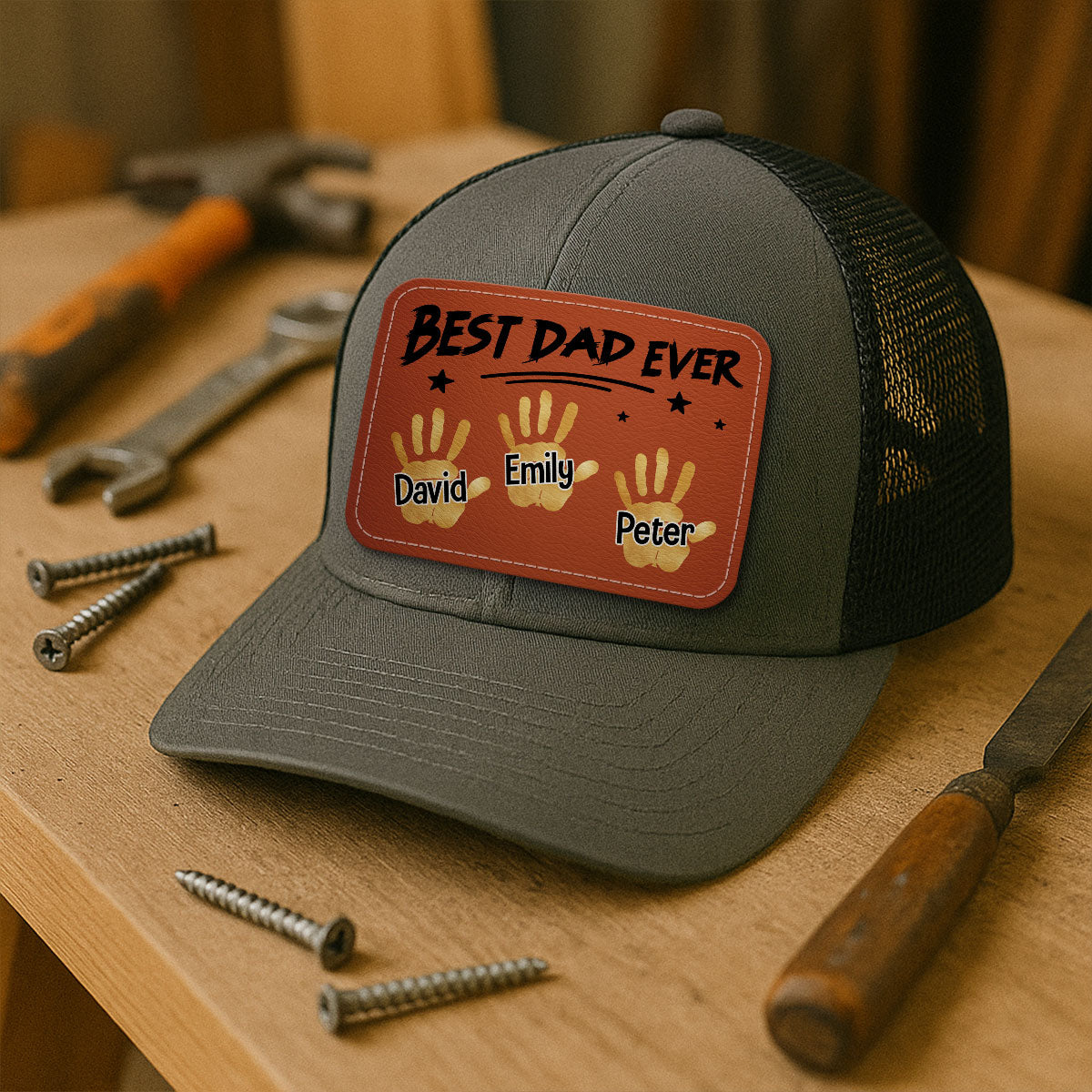 Best Dad Ever Handprints Personalized Leather Patch Hat
