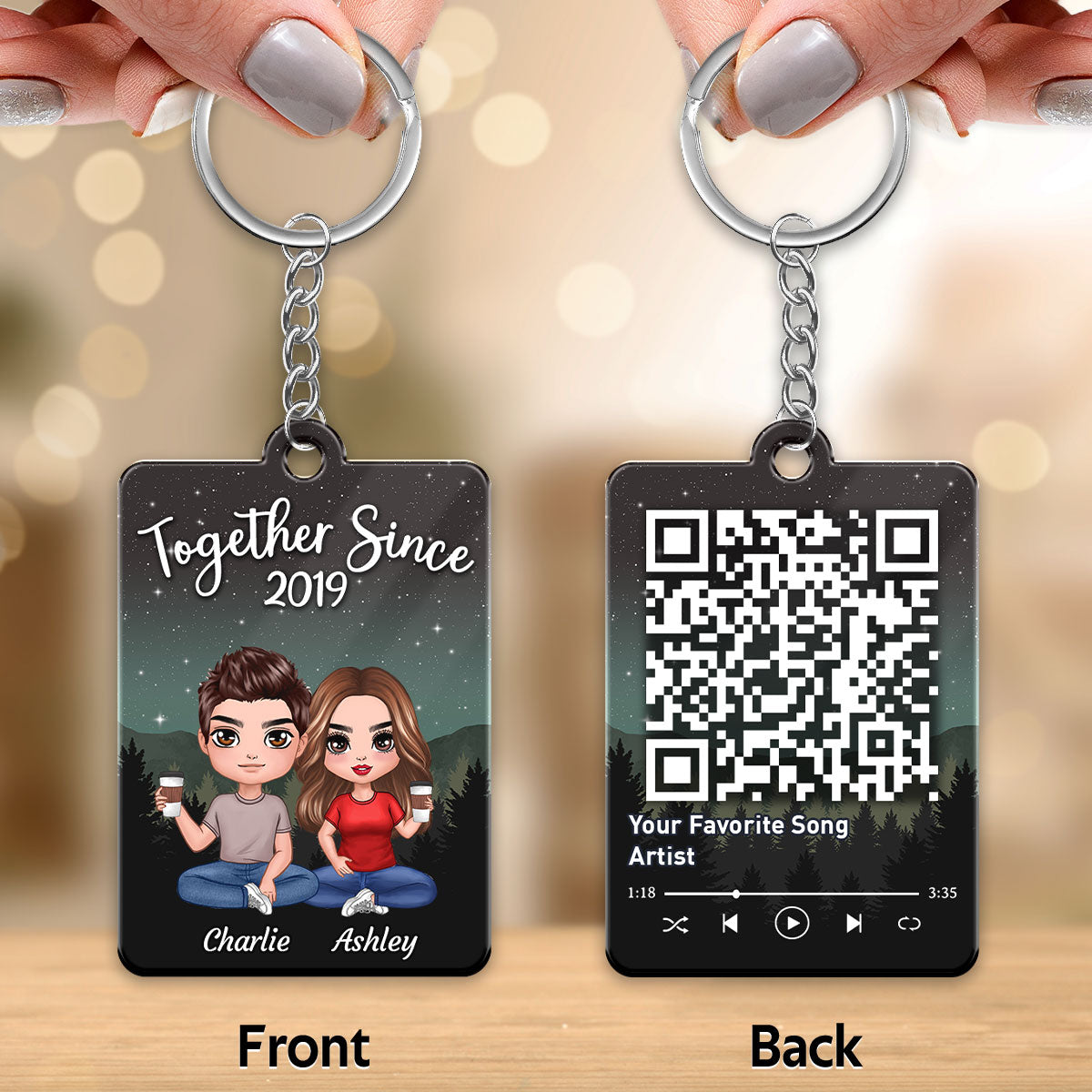 Galaxy Night Doll Couple Sitting Favorite Song Scannable QR Code Personalized Acrylic Keychain