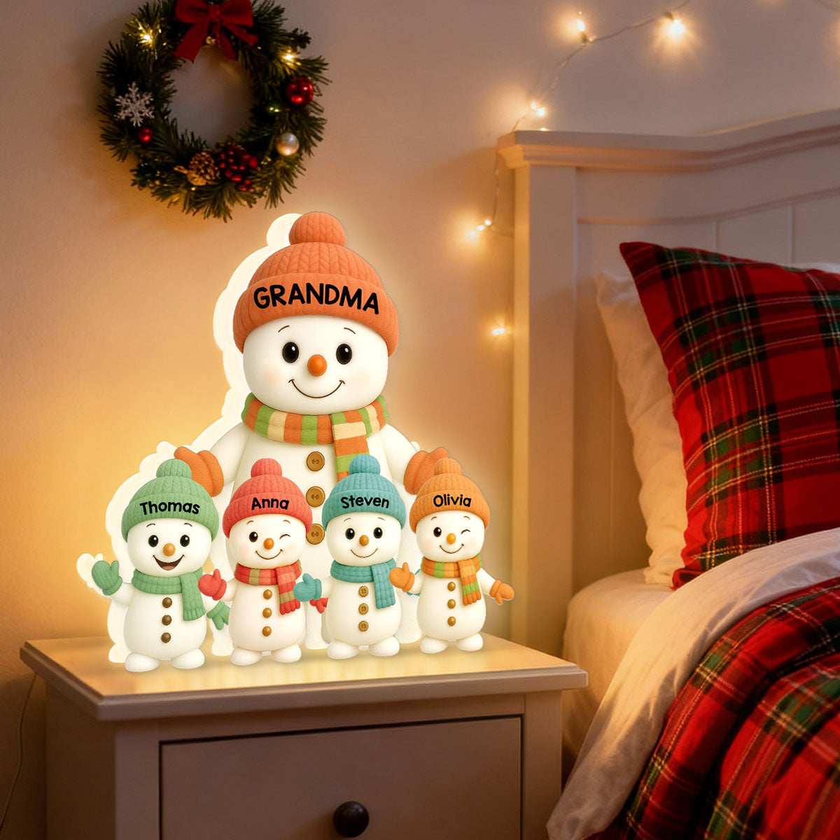 Pastel Color Christmas Grandma Grandkids Snowman Together - Personalized Light Box