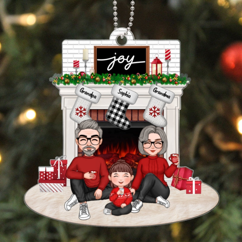 Cute Grandpa Grandma Grandkid Sitting At Christmas Fireplace Personalized Acrylic Ornament