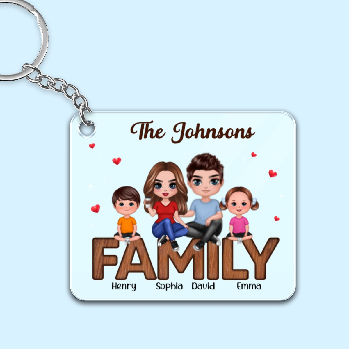 Doll Family Couple Kid Dog Cat Sitting On Text Personalized Acrylic Keychain