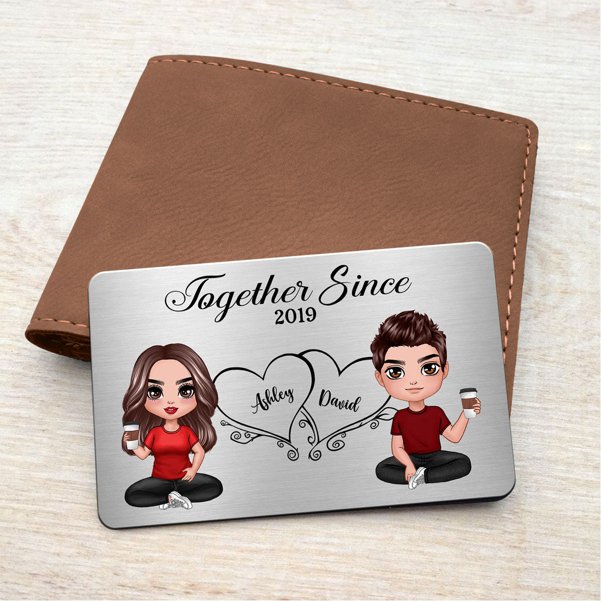 Hearts Doll Couple Sitting Gift For Him Gift For Her Personalized Metal Wallet Card
