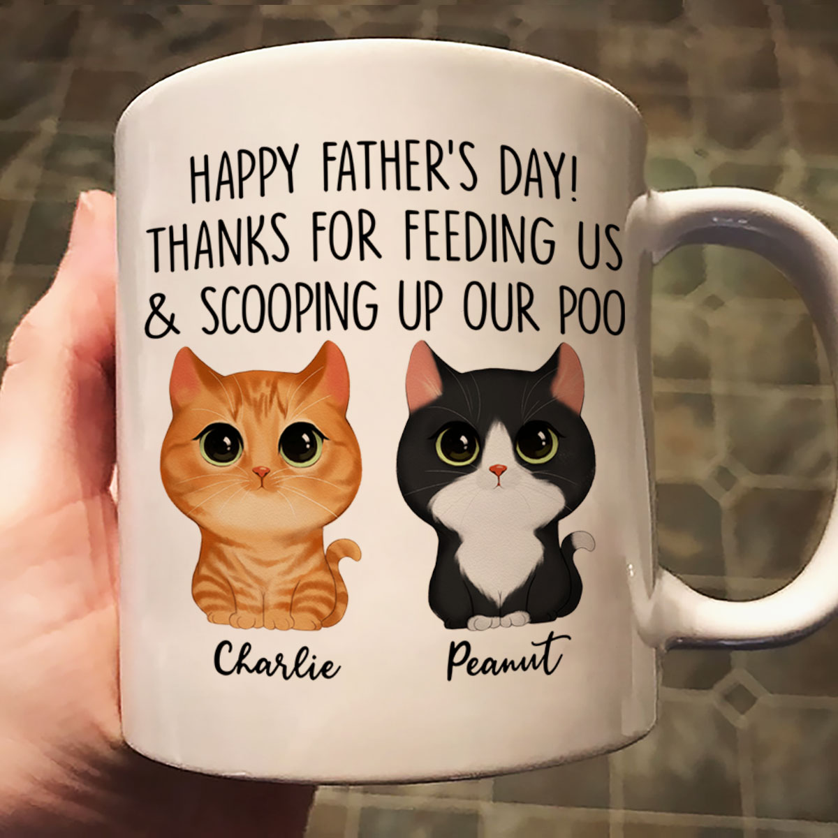 Happy Father‘s Day Thanks For Feeding Me And Scooping Up My Poo Watercolor Cute Cats Personalized Mug