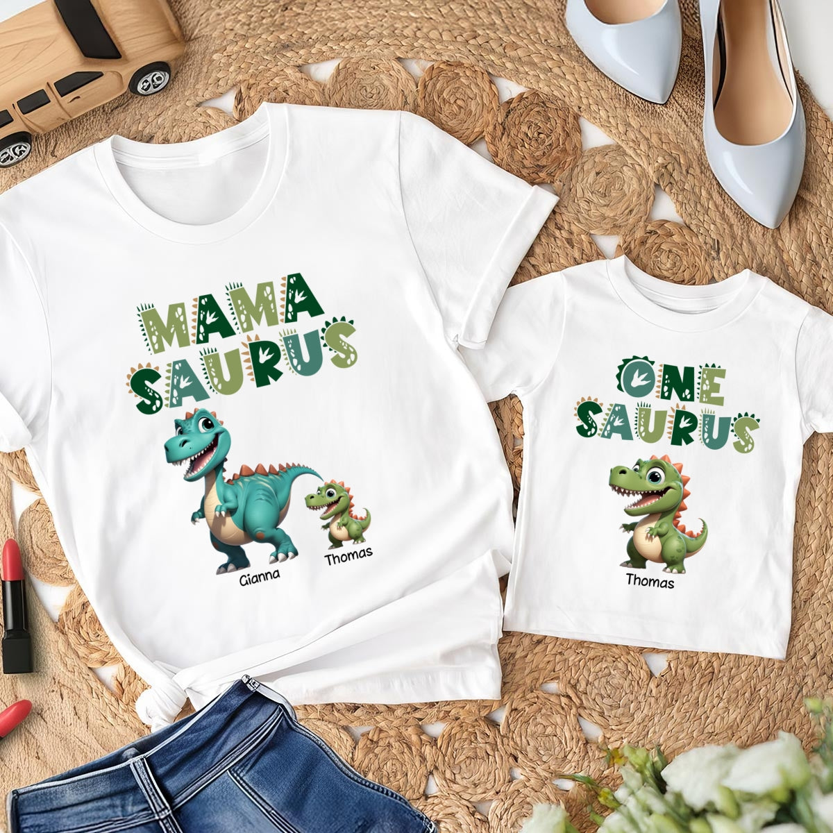 3D Effect Mamasaurus And Babysaurus Personalized Shirts [Set Of 2 Shirts]