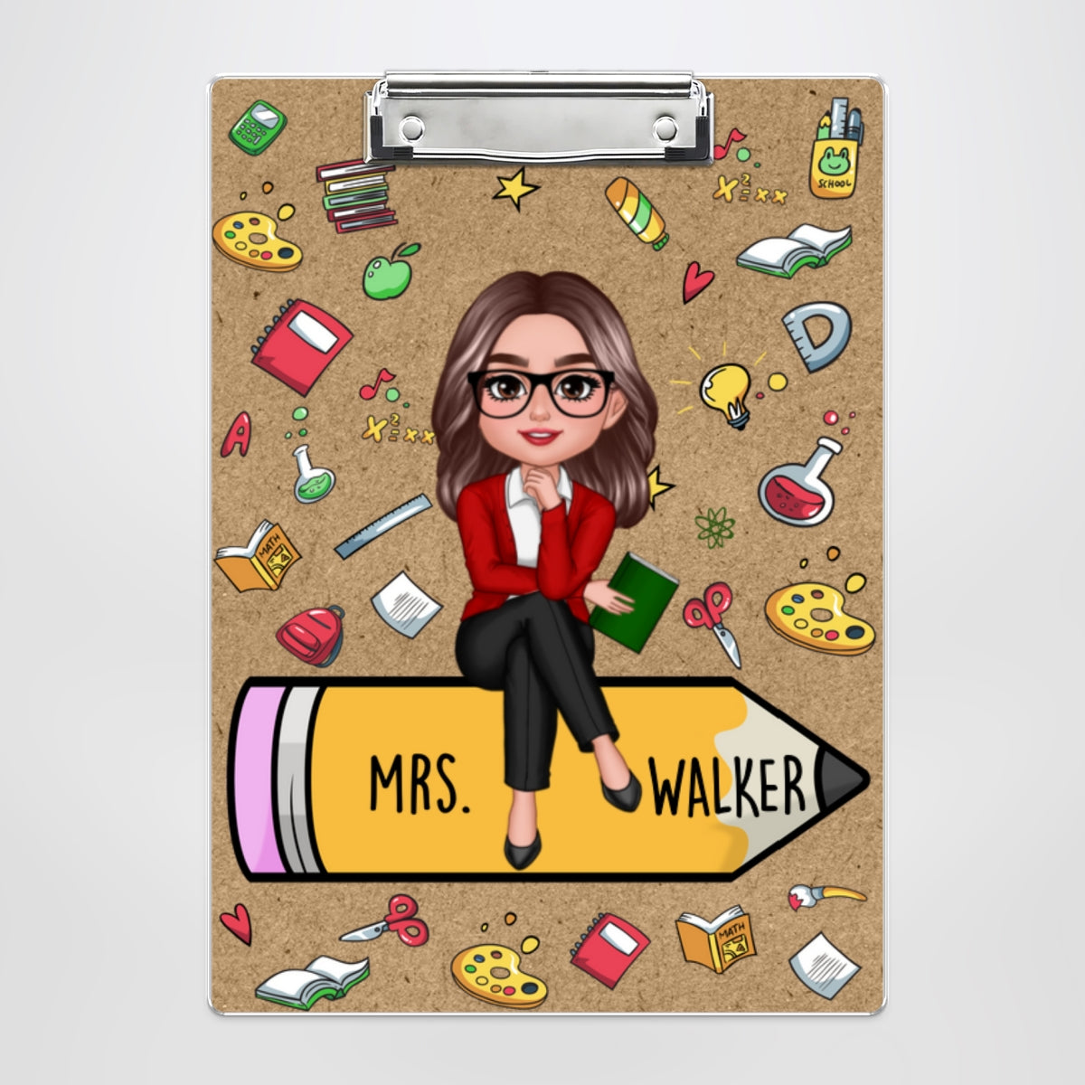 Teacher Sitting On Pencil School Things Personalized Clipboard, Gift For Teacher, Teacher Appreciation Gift, Back To School Gift