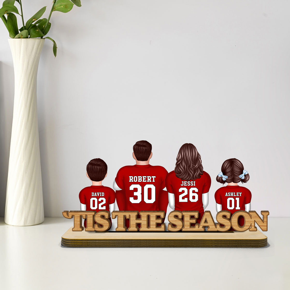 Fall Season Football Family Sitting Back View Personalized 2-Layer Standing Wooden Plaque