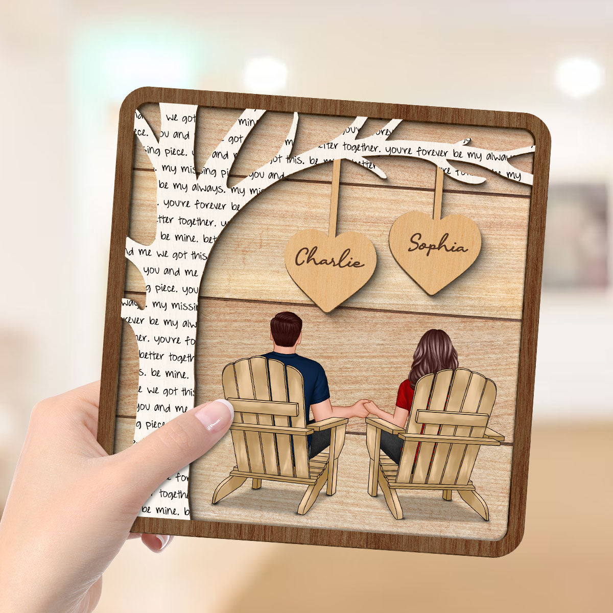 Couple Sitting Back View Under Text Tree Personalized 2-layer Wooden Plaque,  Gift For Him, For Her