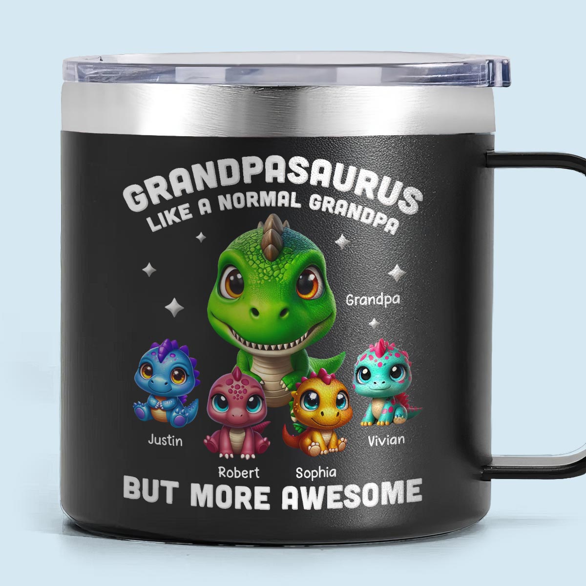 3D Effect Dinosaurs Daddysaurus Grandpasaurus Personalized Stainless Tumbler With Handle, 2025 Father's Day Gift For Grandpa