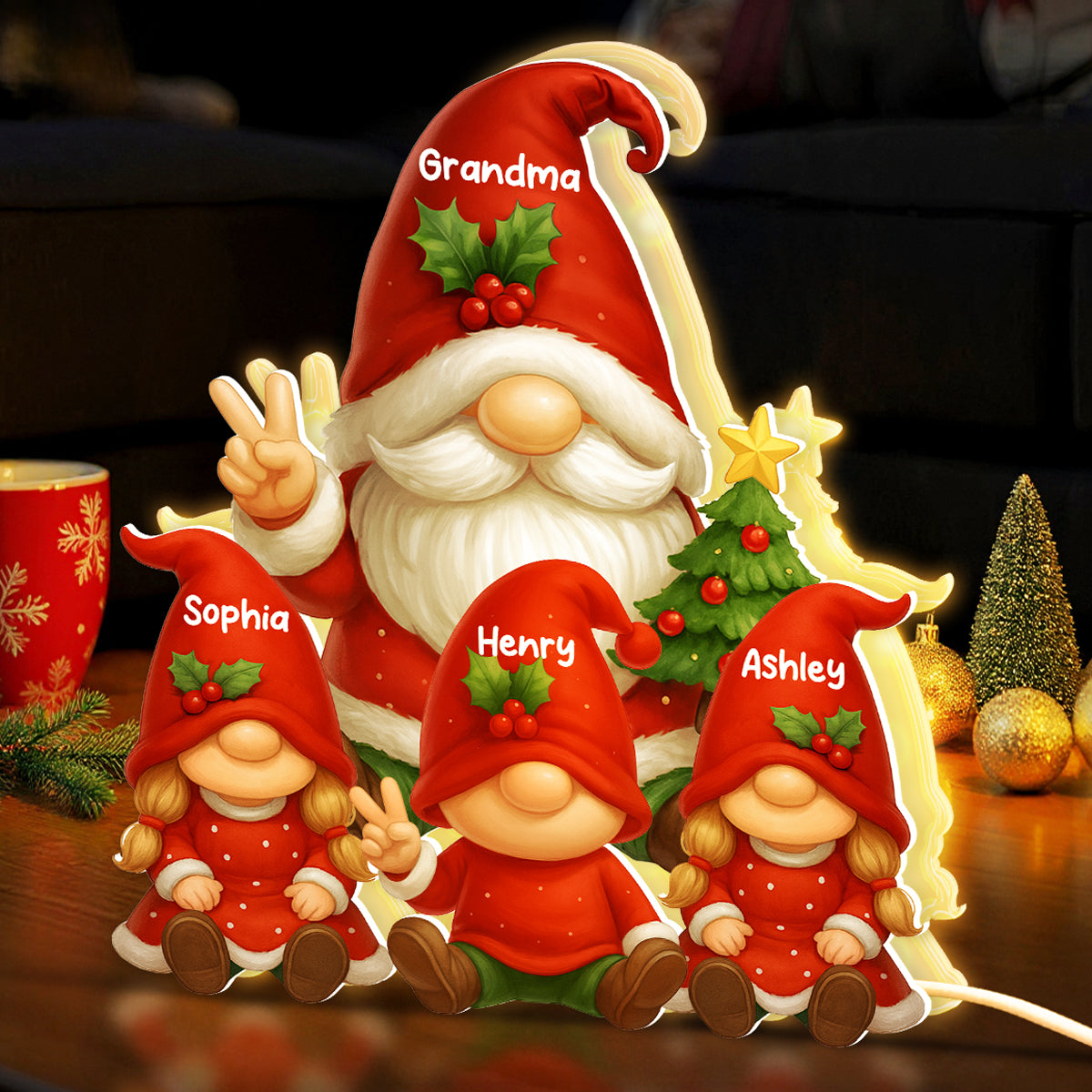 Gnome Grandma & Grandkids Festive Holiday - Personalized Light Box - Christmas Decor, Christmas Gift for Grandma