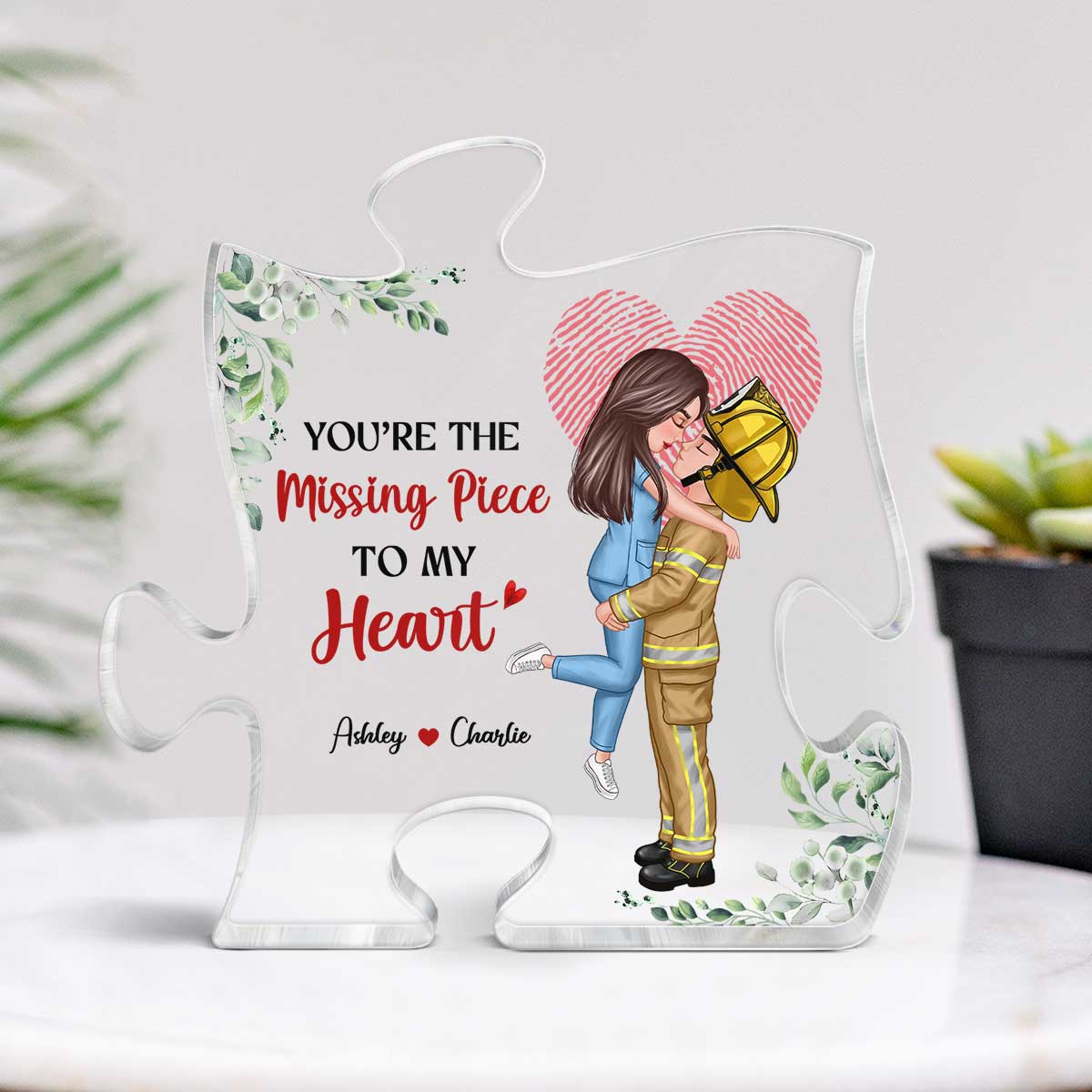 The Missing Piece Couple Fingerprint Valentine‘s Day Gifts by Occupation Gift For Her Gift For Him Firefighter, Nurse, Police Officer Personalized Puzzle Acrylic Block Plaque