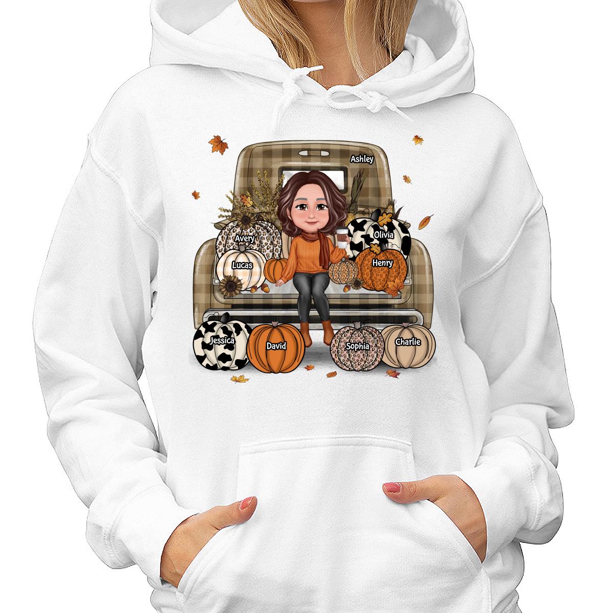 Grandma Mom Fall Season Sitting On Leopard Truck Pumpkins Personalized Shirt
