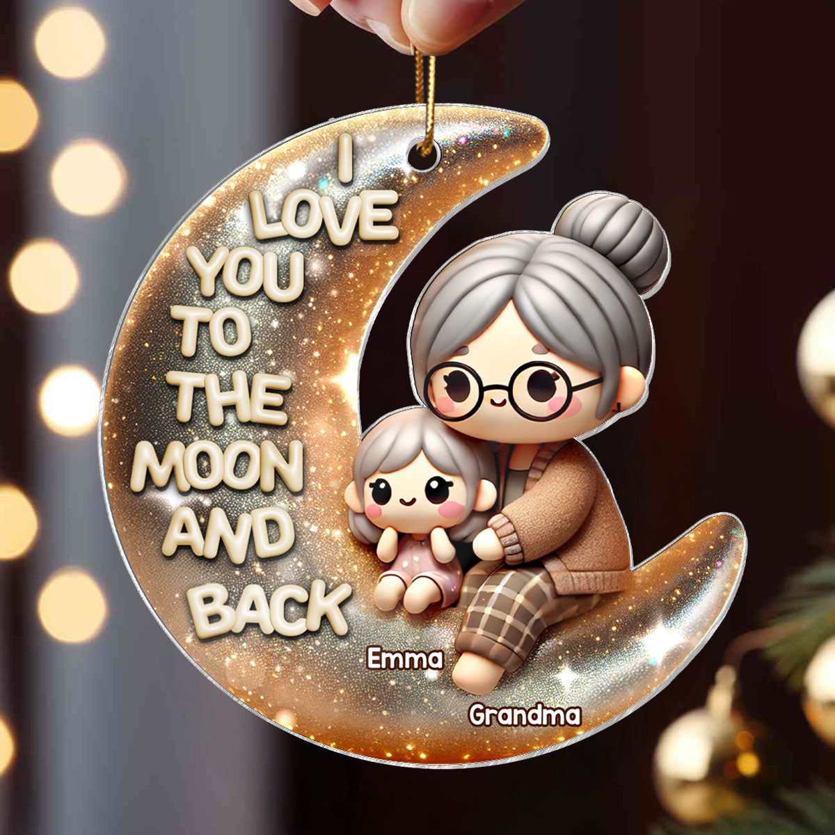 Cute 3D Effect Grandma & Grandkid I Love You To The Moon And Back Personalized Acrylic Ornament, Christmas Gift For Granddaughter, Grandson