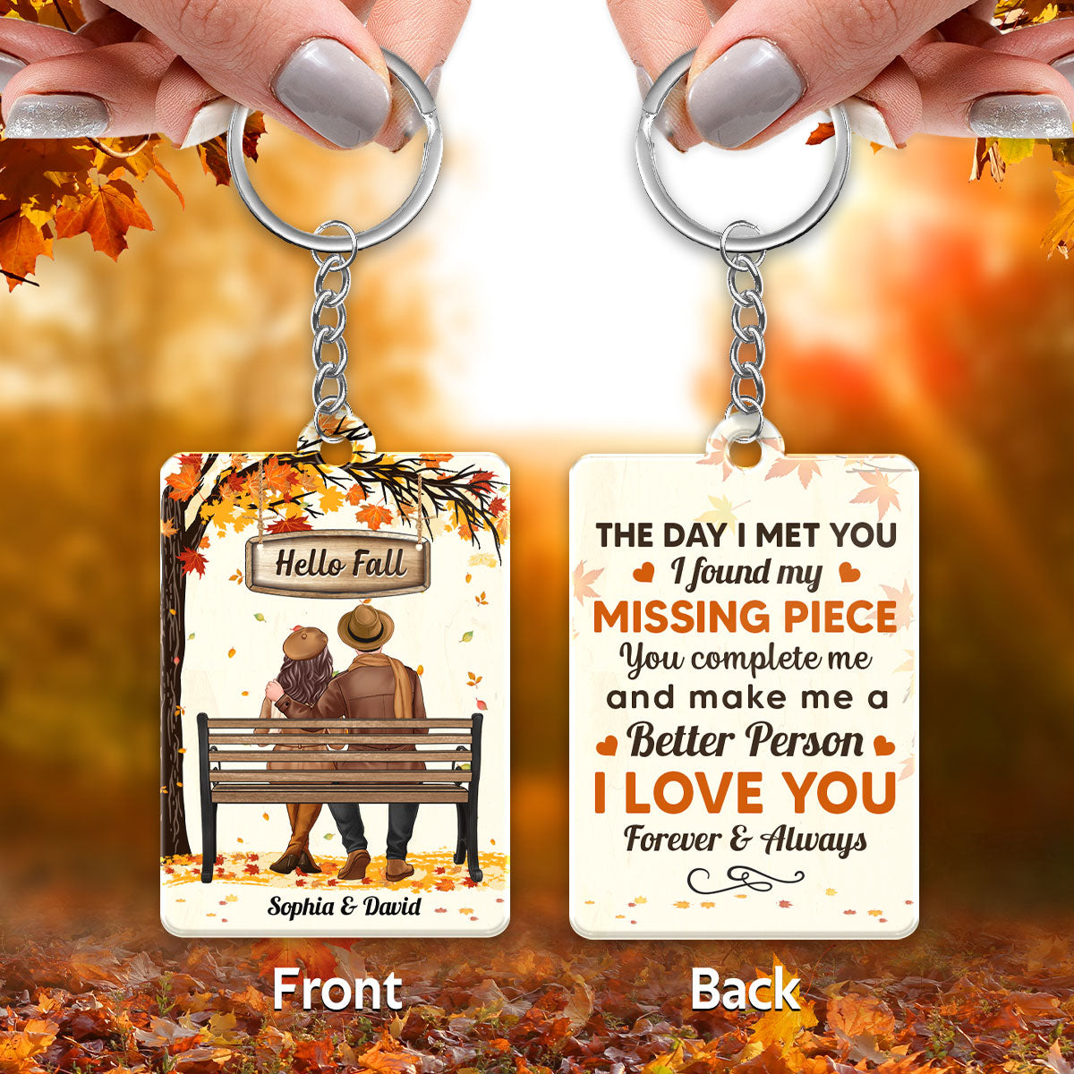 Fall Season Couple Sitting Back View Under Tree Personalized Acrylic Keychain