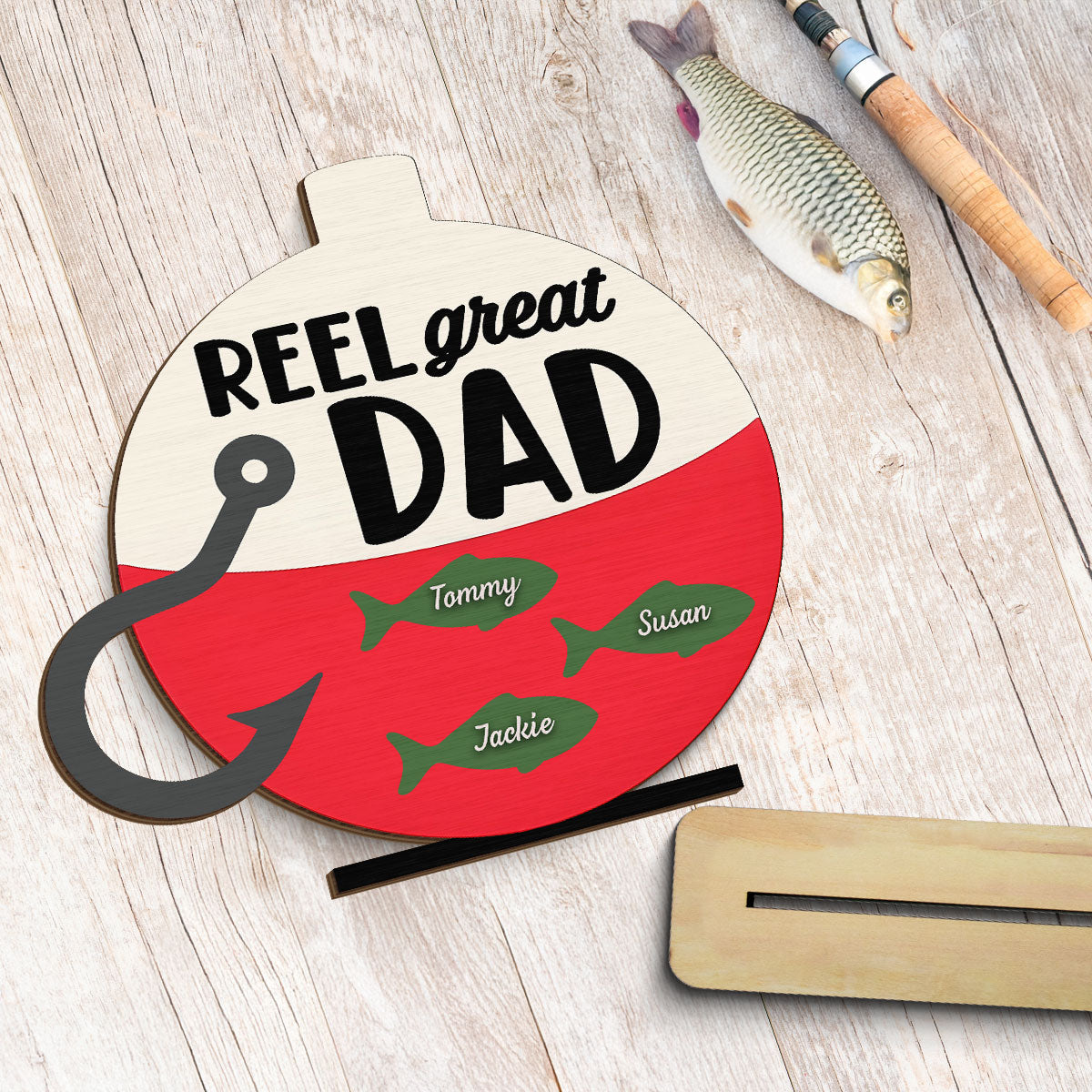 Reel Great Dad Grandpa Personalizd 2-Layer Standing Wooden Plaque, Father's Day gift for Fishing Dad Grandpa