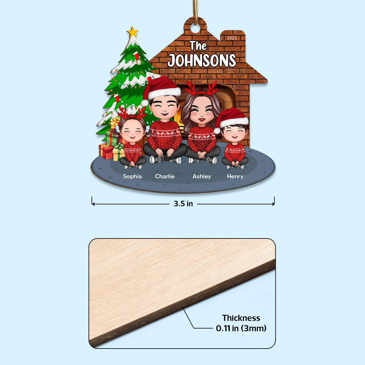 Whole Cute Family Crossed Legs Dad Mom Kid Dog Cat By Christmas Tree In House Personalized Wooden Ornament