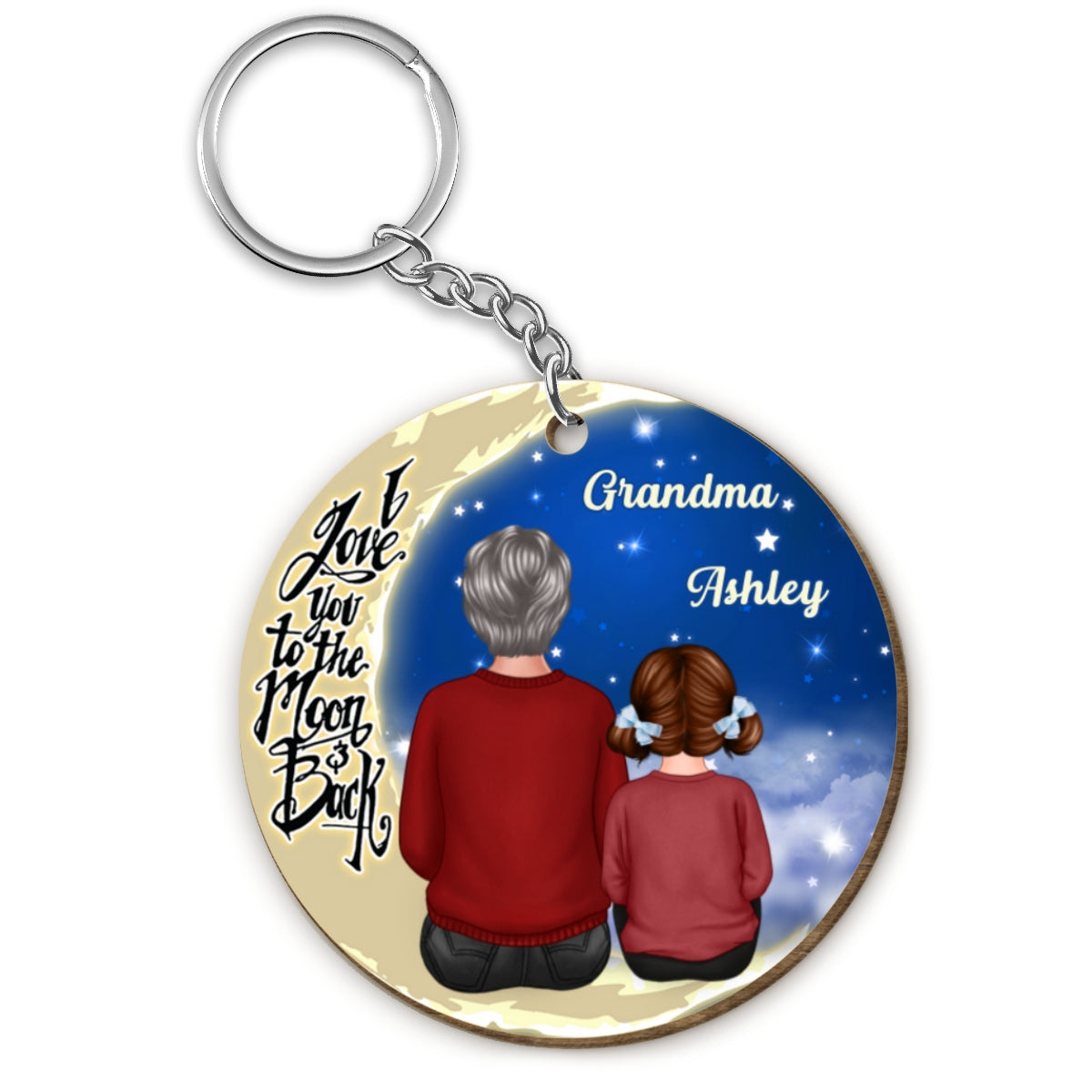 Grandma Grandkid On Moon Gift For Grandma Granddaughter Grandson Personalized Wooden Keychain