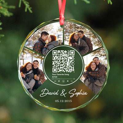Couple Photo Custom Song Scannable QR Code, Personalized Glass Ornament