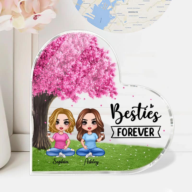Doll Besties Sitting Under Pink Tree Personalized Acrylic Heart Plaque
