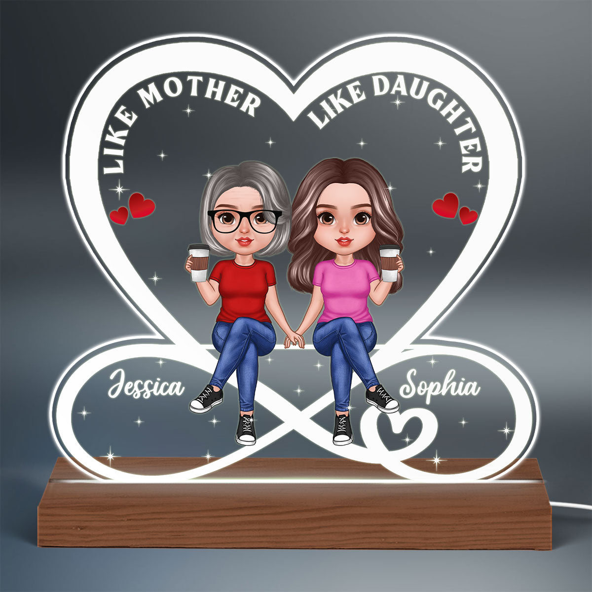 Realistic Doll Mother Daughter Infinity Heart Personalized Acrylic Custom Shape LED Night Light