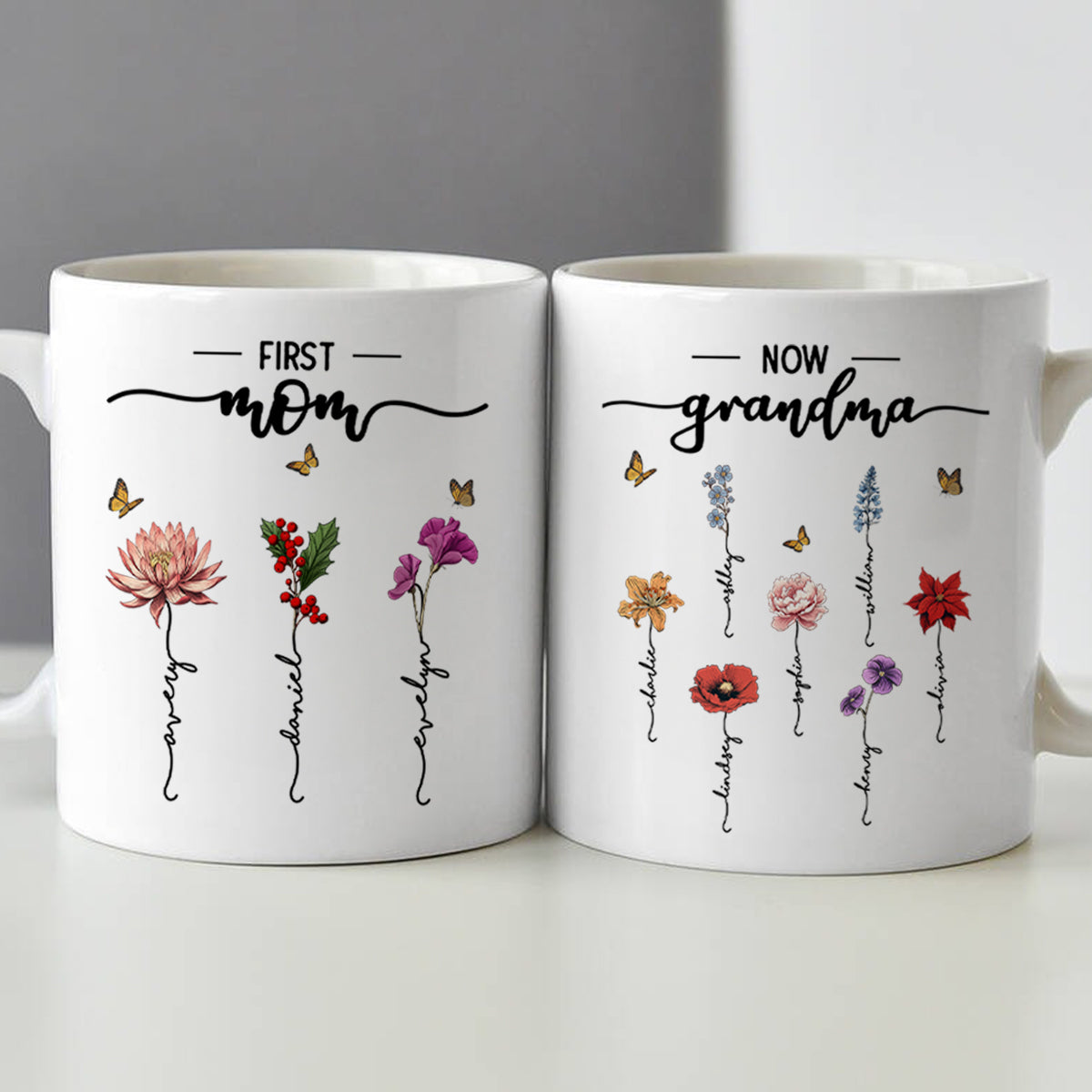 First Mom Now Grandma Birth Flower Personalized Mug