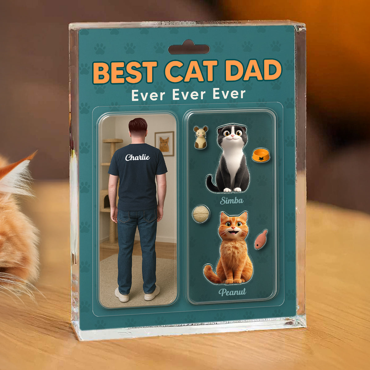 Cat Dad Realistic Figures Style Personalized Acrylic Block Plaque, Father's Day Gift for Cat Lover