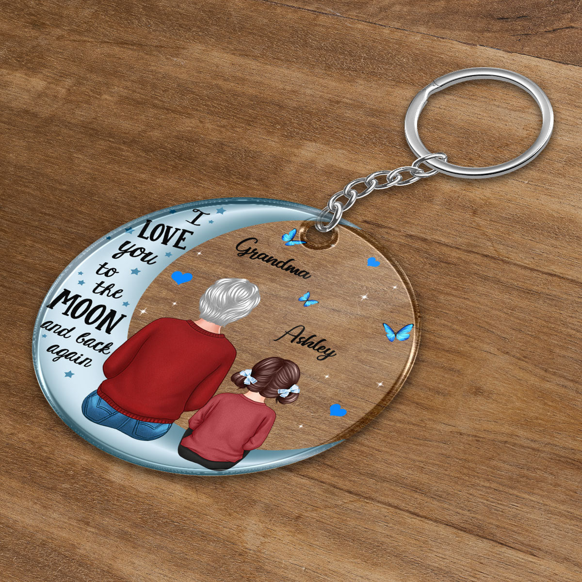 Grandma & Grandkids Back View On Blue Moon Personalized Acrylic Keychain