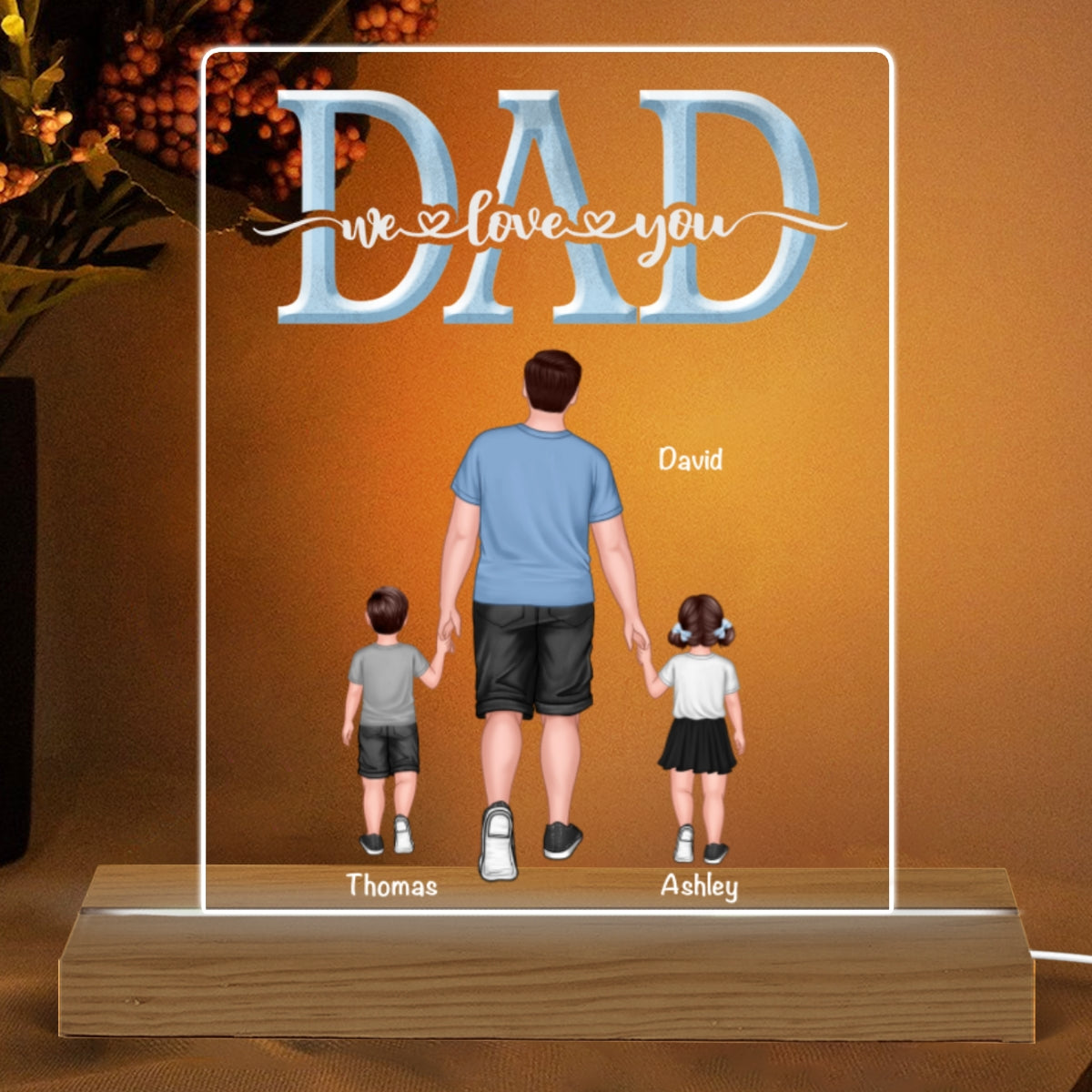 DAD We Love You Back View Dad And Sons Daughters Walking Personalized Custom Shape Acrylic Plaque Warm LED Night Light