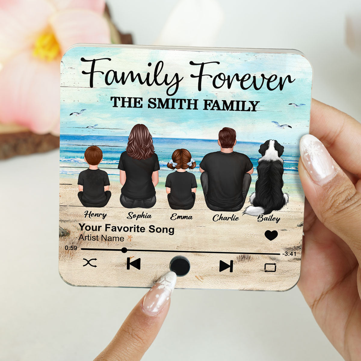 Family Beach Landscape Personalized Music Fridge Magnet, Heartfelt Gift For Family
