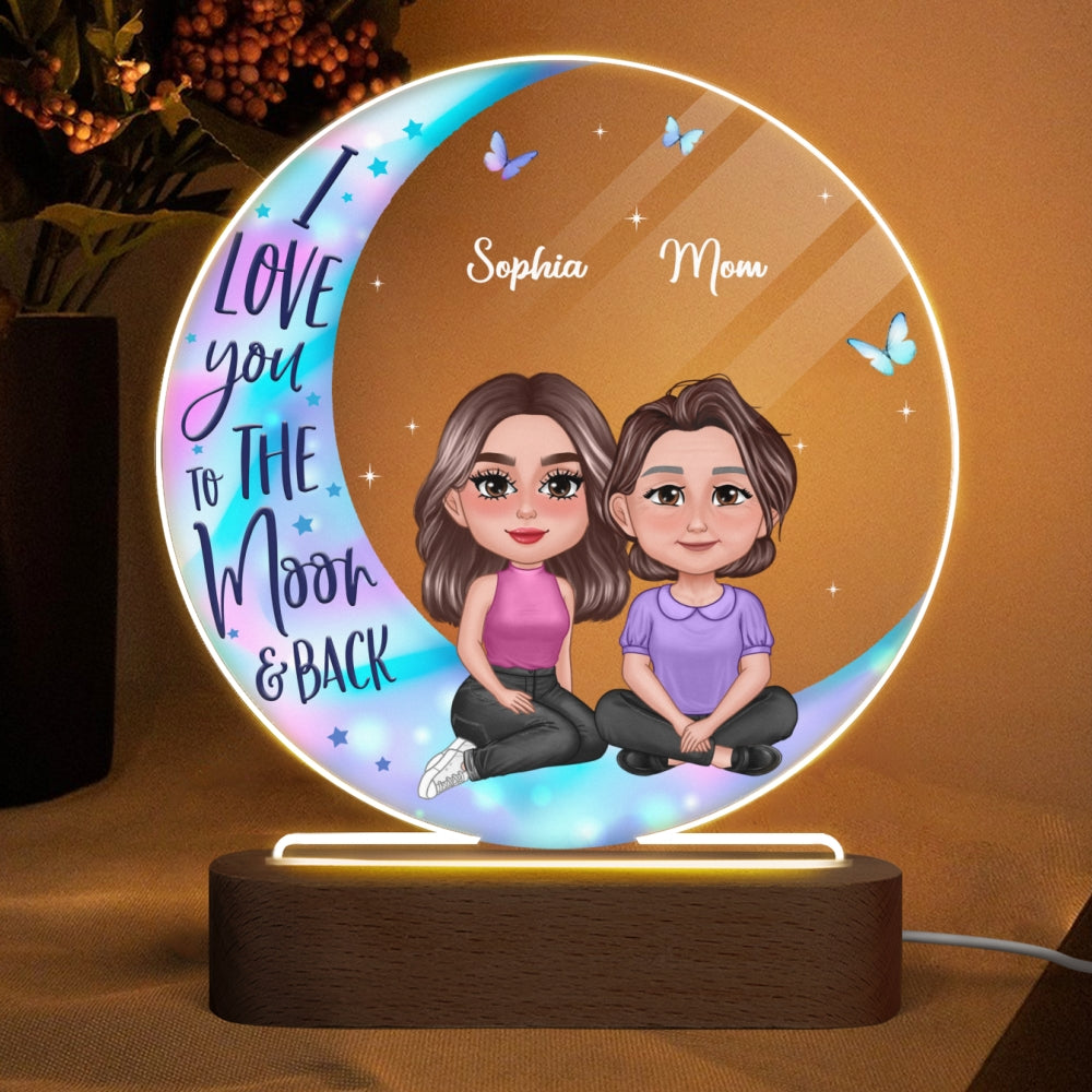 Pretty Doll Mother Daughter Sitting On Moon Personalized Circle Plaque LED Night Light
