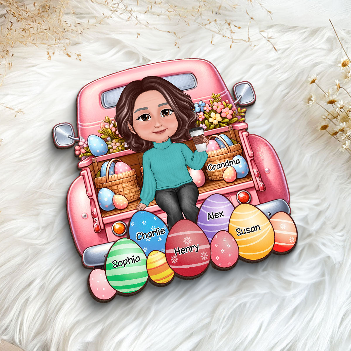 Easter Mom Grandma Sitting On Truck Eggs Grandkids Names Personalized 2-Layer Wooden Plaque