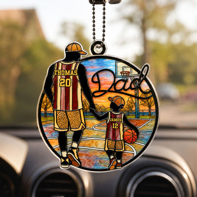 Basketball Dad & Kids 2D Flat - Personalized Acrylic Car Ornament - Father's Day Gift For Basketball Dad