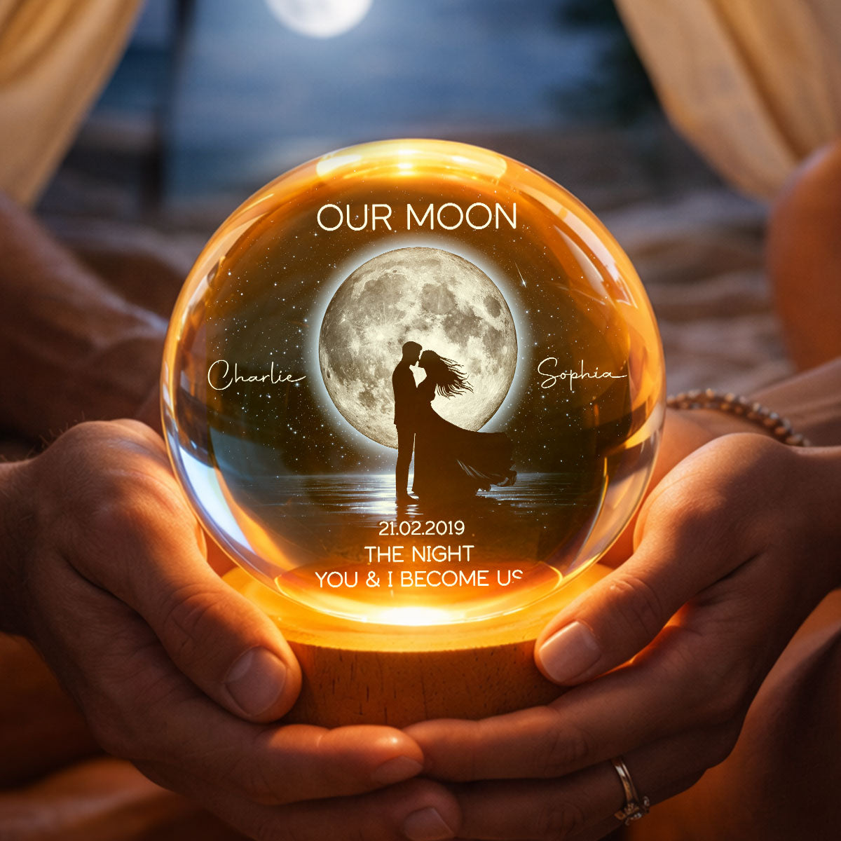 Couple Kissing Under the Moonlight, Custom Moon Phase by Date - Personalized Crystal Ball LED Night Light - Sentimental Valentine's Day Gift for Her, for Him