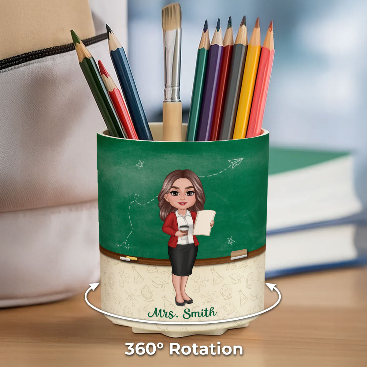 Green Board Teach Love Inspire Personalized Rotating Pen Holder, Teacher Appreciation Gift, Back To School Gift