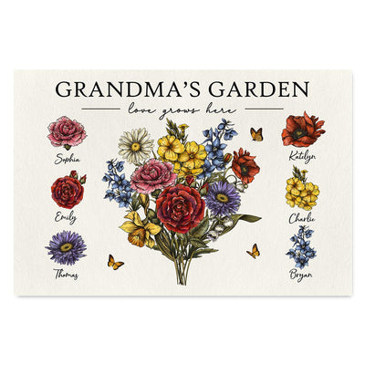 Grandma‘s Garden Beautiful Vintage Birth Month Flowers With Grandkids Names Personalized Horizontal Poster, Mother’s Day Gift For Grandma, Mom
