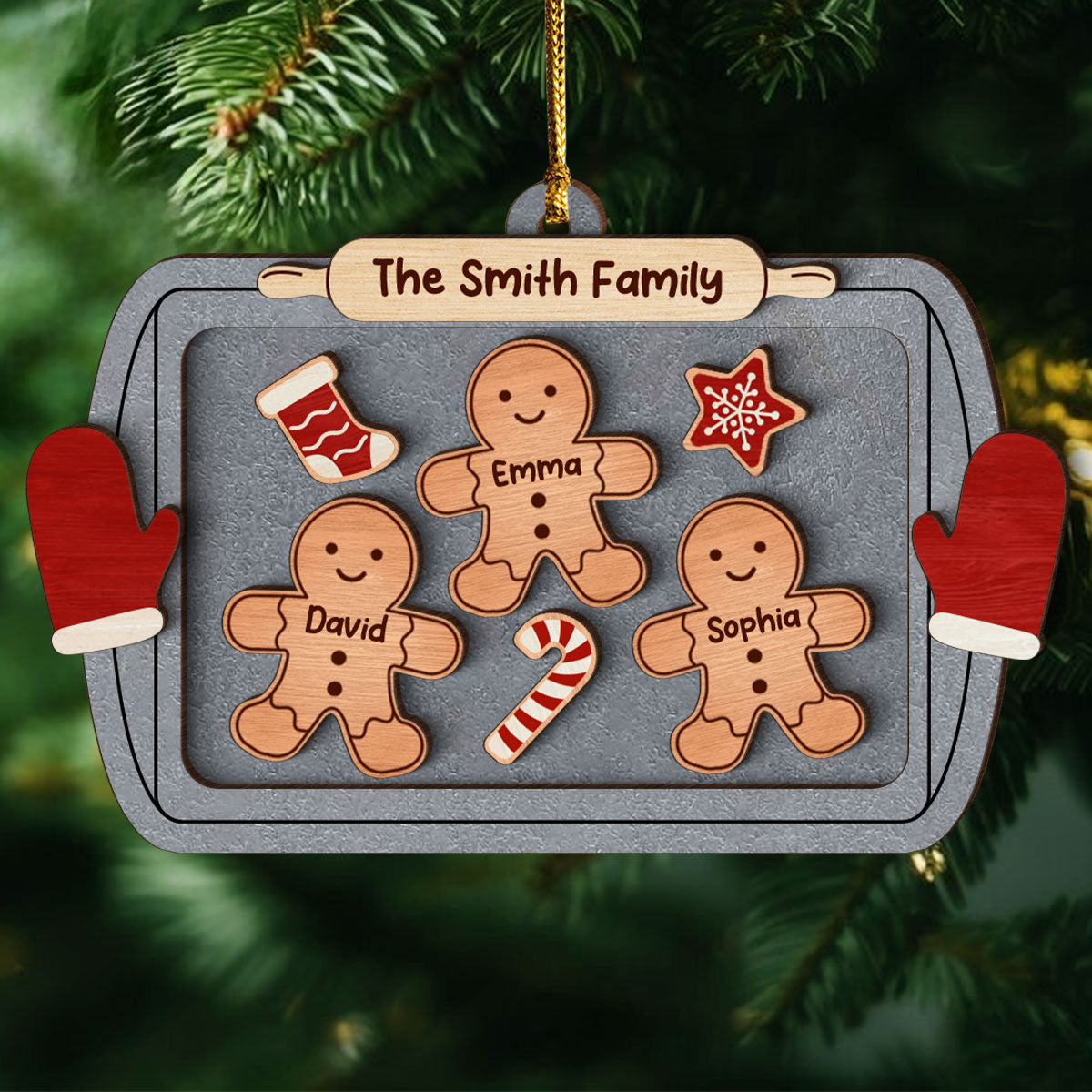 Gingerbread Family On Baking Tray Christmas Personalized 3-Layer Wooden Ornament