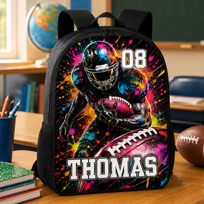 Watercolor Splash American Football Custom Name & Number - Personalized Backpack - Back To School Gift For Football Lovers, Kid Boy, Son, Grandson