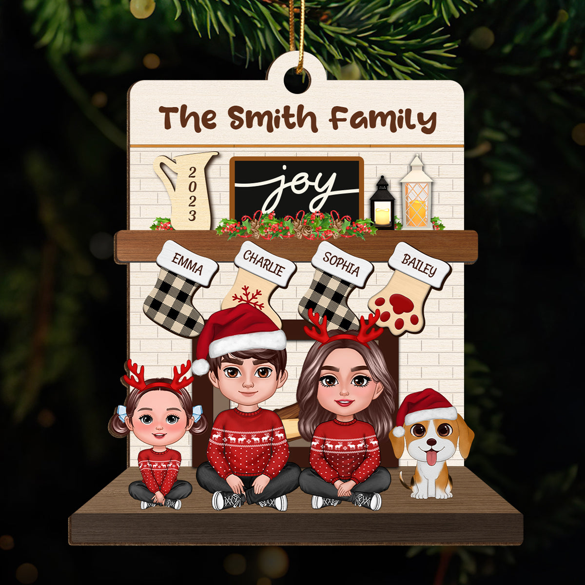 Couple Sitting With Dogs Cats Fireplace Personalized Wooden Ornament