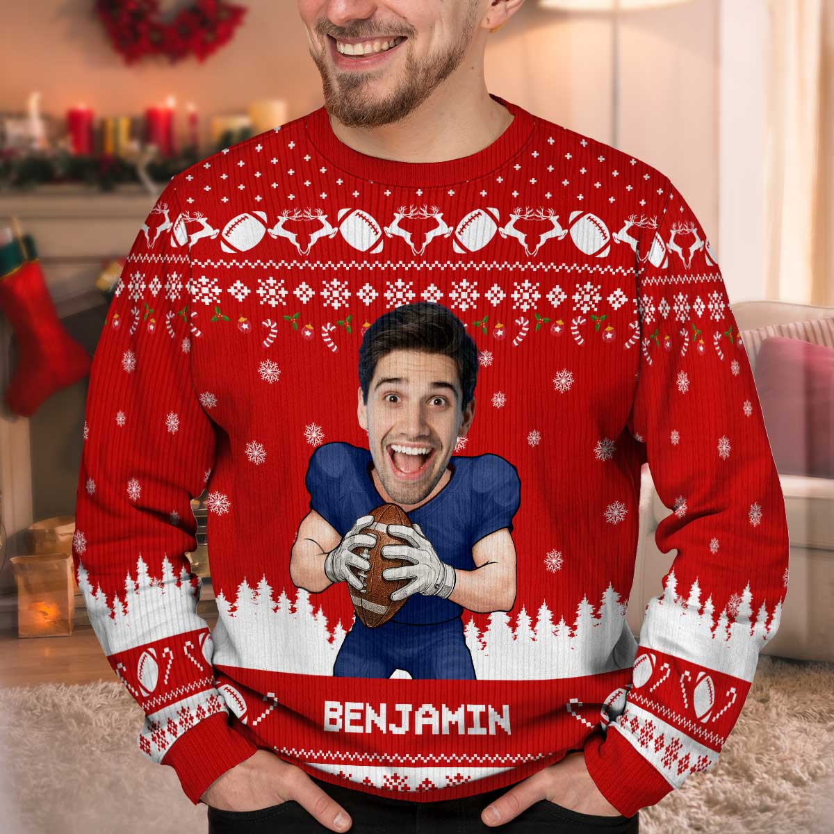 American Football Player Custom Face Photo Personalized Faux Knitting Christmas Ugly Sweater