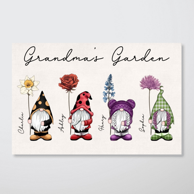 Gift For Grandma Mom Grandma‘s Garden Vintage Birth Flowers Cute Gnomes Personalized Horizontal Poster