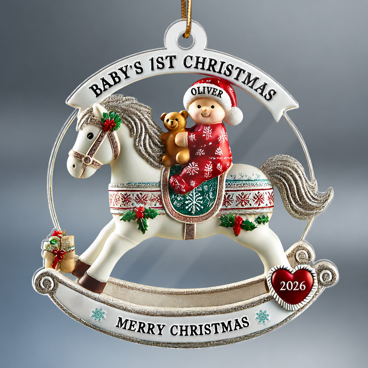 Baby First Christmas Newborn On Horse Keepsake 3D Effect Personalized Acrylic Ornament