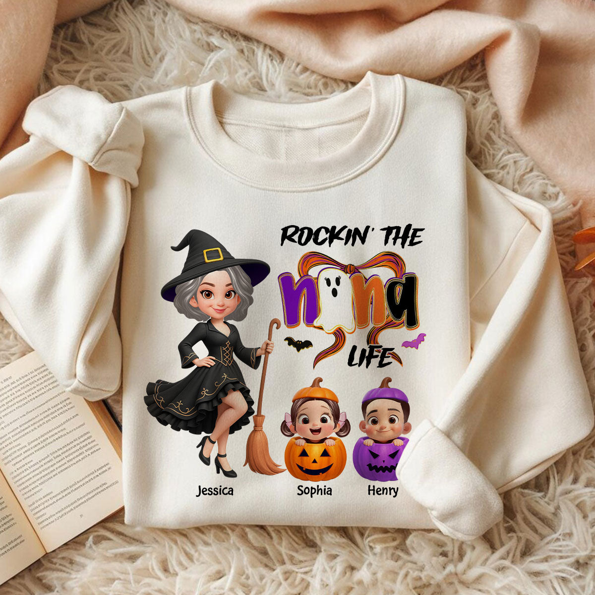 Rockin' Grandma Life Halloween Coquette Bow Grandkids Pumpkins Personalized Sweatshirt