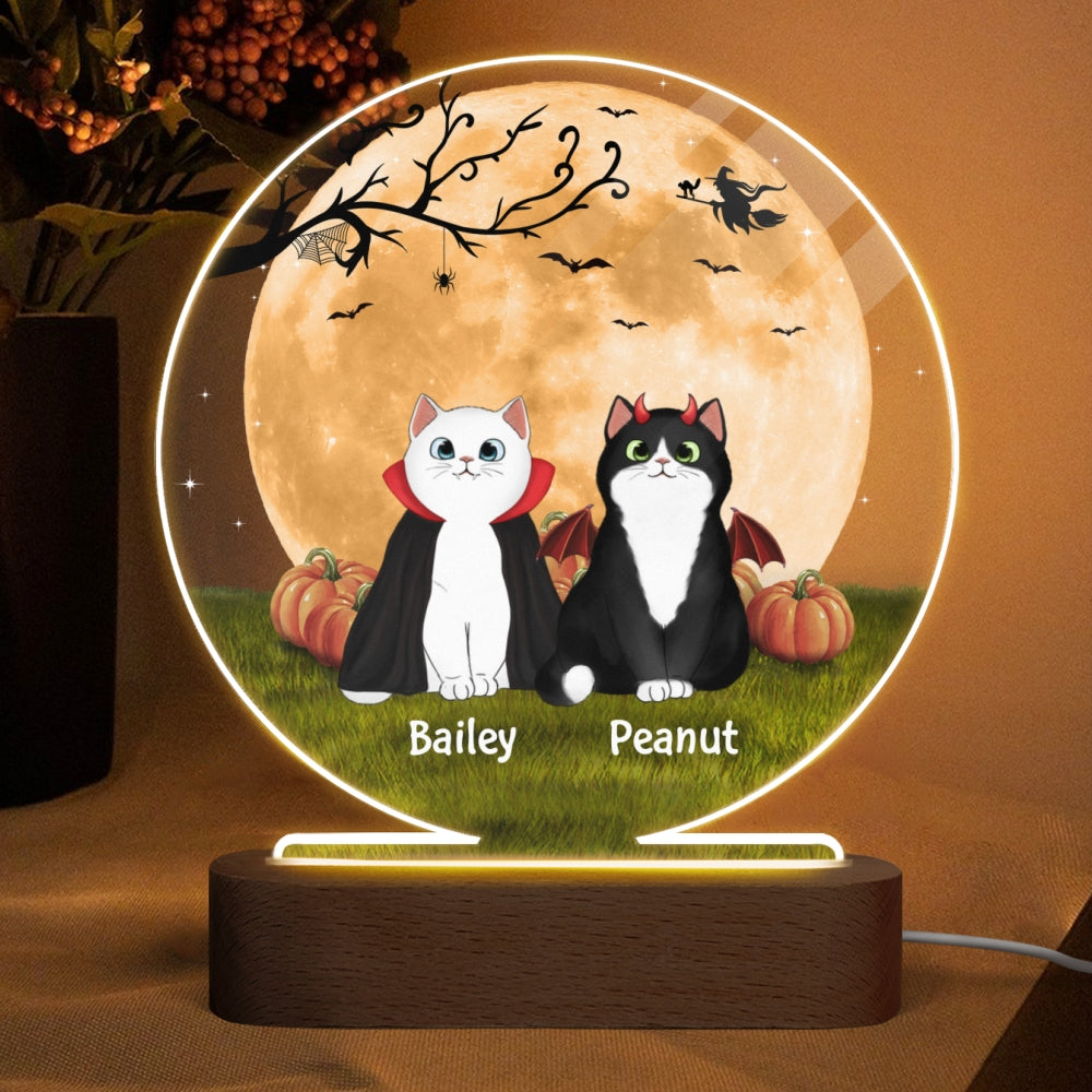 Fluffy Cat Halloween Full Moon Personalized Circle LED Night Light