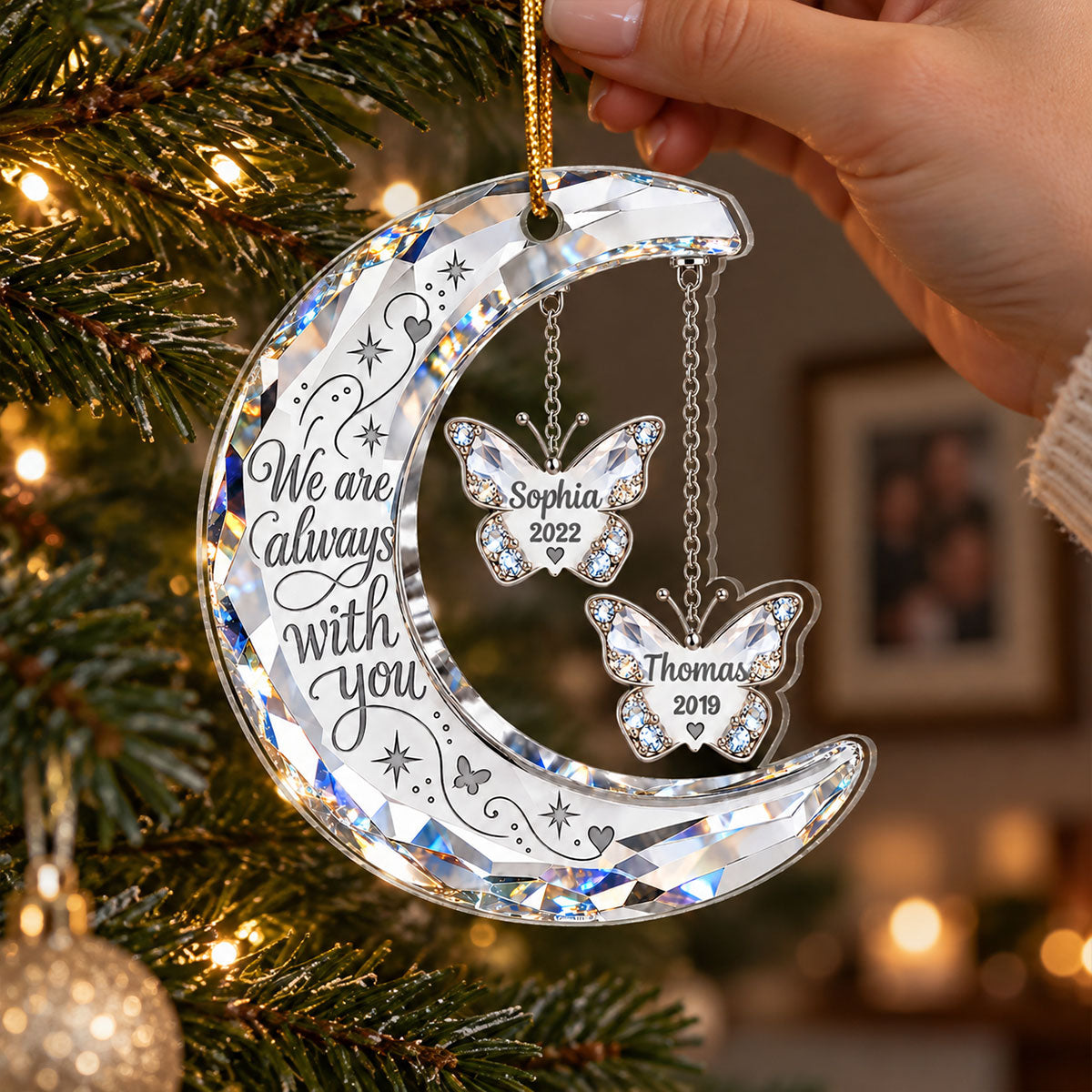 Always With You Memorial Crystal Moon & Butterfly Ornament 2D Flat - Personalized Acrylic Ornament - Sympathy Gift